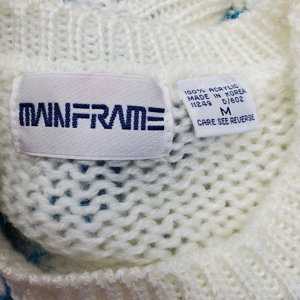 80s Vintage Womens Sweater White Blue Pink Green Geometric Flowers Size Medium - Picture 2 of 7
